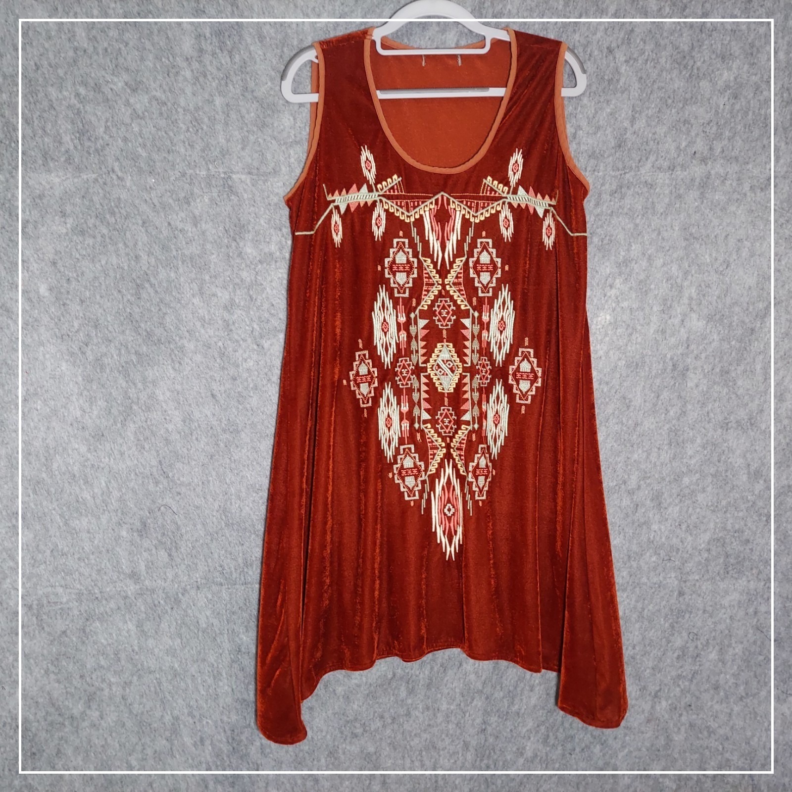 Umgee Women Dress One Size Rust Boho Embroidered Velvet Sharkbite Hem